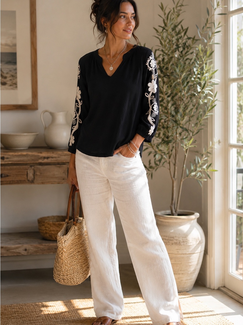 Talbots Petite Black Embroidered Sleeve Cotton Blouse